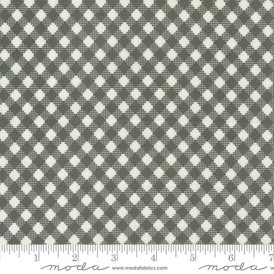 Image of the Farmstead Gingham Charcoal quilting cotton fabric by Stacy Iest Hsu for Moda Fabrics. Features printed diagonal gingham on a gray background. 
Cute Little Fabric Shop