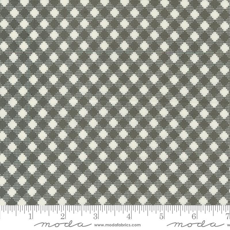 Image of the Farmstead Gingham Charcoal quilting cotton fabric by Stacy Iest Hsu for Moda Fabrics. Features printed diagonal gingham on a gray background. 
Cute Little Fabric Shop