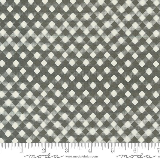 Image of the Farmstead Gingham Charcoal quilting cotton fabric by Stacy Iest Hsu for Moda Fabrics. Features printed diagonal gingham on a gray background. 
Cute Little Fabric Shop