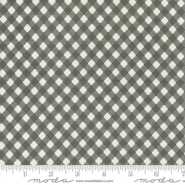 Image of the Farmstead Gingham Charcoal quilting cotton fabric by Stacy Iest Hsu for Moda Fabrics. Features printed diagonal gingham on a gray background. 
Cute Little Fabric Shop