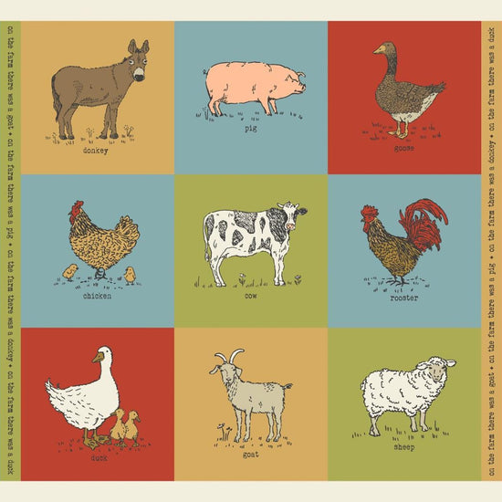 Image of the Farmstead Panel Multi quilting cotton fabric by Gingiber for Moda Fabrics. Features farm animals on various background. 
Cute Little Fabric Shop