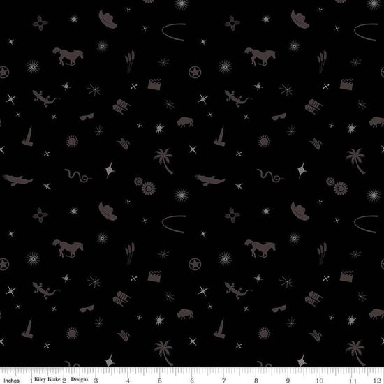 Black colored quilting cotton fabric with tone-on-tone icons of hats, horses, sparkles, sunglasses, gears, and more. 
Cute Little Fabric Shop