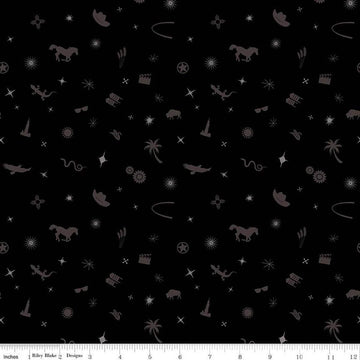 Black colored quilting cotton fabric with tone-on-tone icons of hats, horses, sparkles, sunglasses, gears, and more. 
Cute Little Fabric Shop