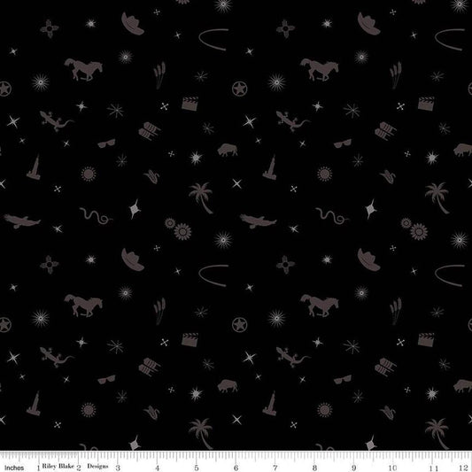 Black colored quilting cotton fabric with tone-on-tone icons of hats, horses, sparkles, sunglasses, gears, and more. 
Cute Little Fabric Shop