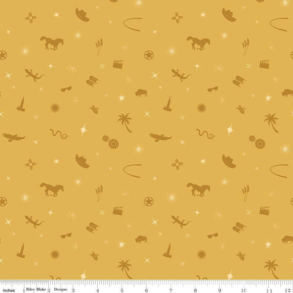 Yellow, gold colored quilting cotton fabric with tone-on-tone icons of hats, horses, sparkles, sunglasses, gears, and more. 
Cute Little Fabric Shop