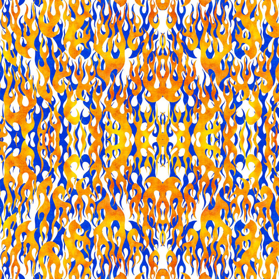 Image of the Heavy Metal Flame White Z quilting cotton fabric by Morris Creative Group for QT Fabrics. Features fire flames on a white background. 
Cute Little Fabric Shop