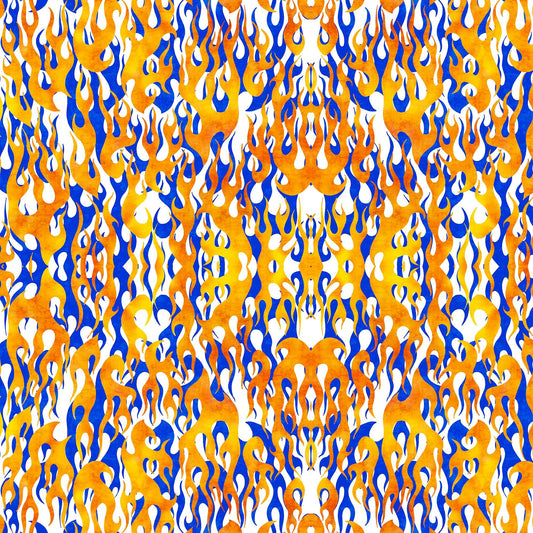 Image of the Heavy Metal Flame White Z quilting cotton fabric by Morris Creative Group for QT Fabrics. Features fire flames on a white background. 
Cute Little Fabric Shop