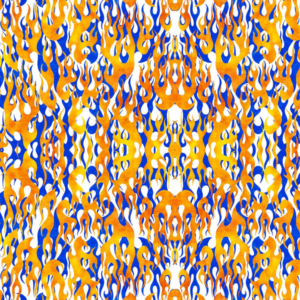 Image of the Heavy Metal Flame White Z quilting cotton fabric by Morris Creative Group for QT Fabrics. Features fire flames on a white background. 
Cute Little Fabric Shop