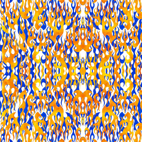 Image of the Heavy Metal Flame White Z quilting cotton fabric by Morris Creative Group for QT Fabrics. Features fire flames on a white background. 
Cute Little Fabric Shop