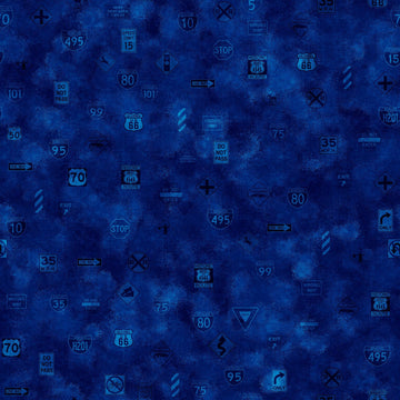 Image of the Heavy Metal Road Sign Toss Royal Y quilting cotton fabric by Morris Creative Group for QT Fabrics. Features road sings with many different symbols on a blue background. 
Cute Little Fabric Shop