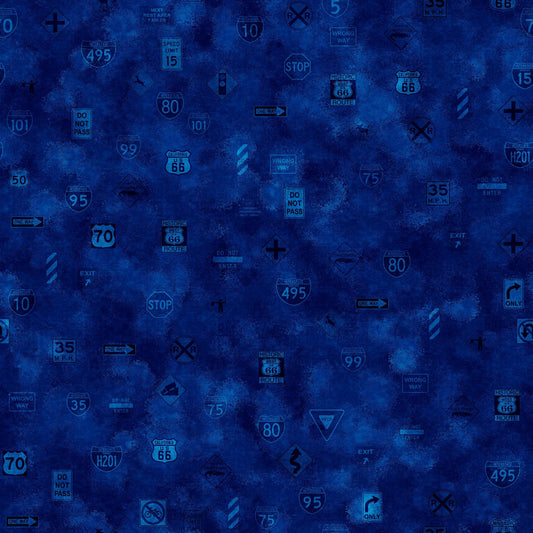 Image of the Heavy Metal Road Sign Toss Royal Y quilting cotton fabric by Morris Creative Group for QT Fabrics. Features road sings with many different symbols on a blue background. 
Cute Little Fabric Shop