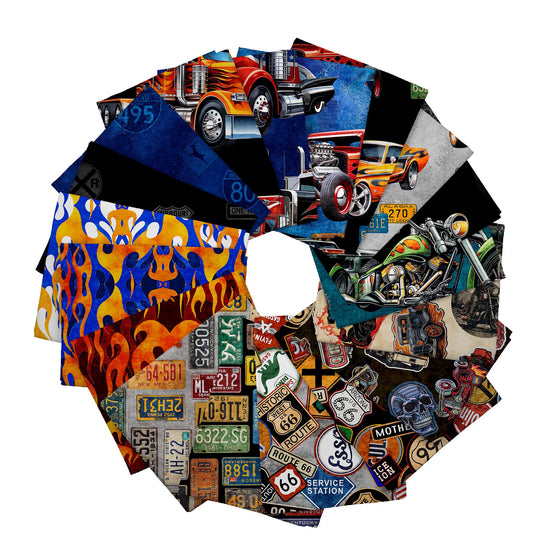Image of the Heavy Metal Fat Quarter Bundle by Morris Creative Group for QT Fabrics. Features car themed fabrics on various backgrounds. 
Cute Little fabric Shop