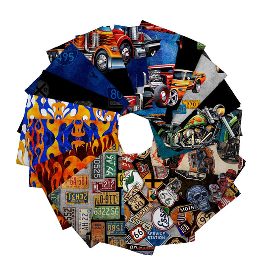 Image of the Heavy Metal Fat Quarter Bundle by Morris Creative Group for QT Fabrics. Features car themed fabrics on various backgrounds. 
Cute Little fabric Shop
