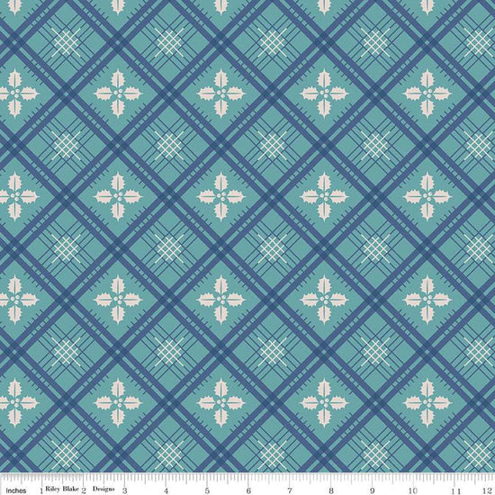Image of the Home Town Holiday Holly Raindrop quilting cotton wide back fabric by Lori Holt for Riley Blake Designs. Features a plaid pattern with holly leaves on an aqua background.
Cute Little Fabric Shop