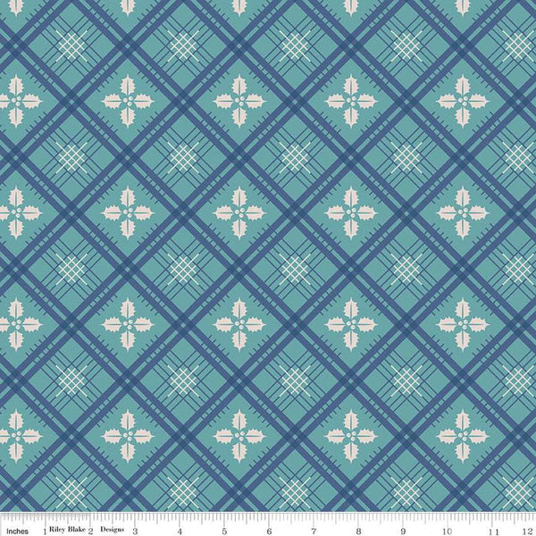 Image of the Home Town Holiday Holly Raindrop quilting cotton wide back fabric by Lori Holt for Riley Blake Designs. Features a plaid pattern with holly leaves on an aqua background.
Cute Little Fabric Shop