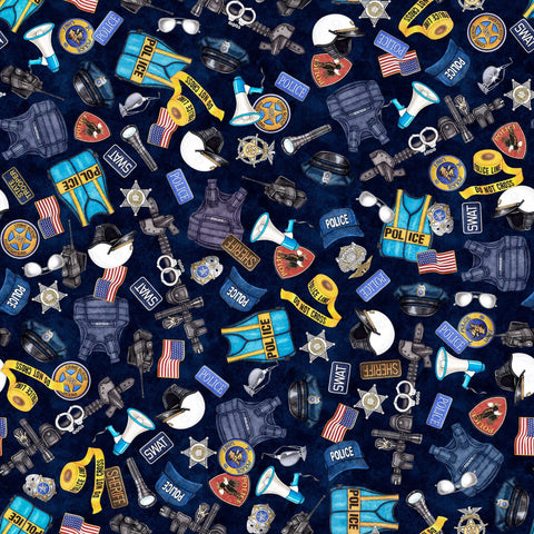 Image of the American Heroes Police Everything Police Navy quilting cotton fabric by QT Fabrics. Features police symbols and icons on a navy blue background.
Cute Little Fabric Shop