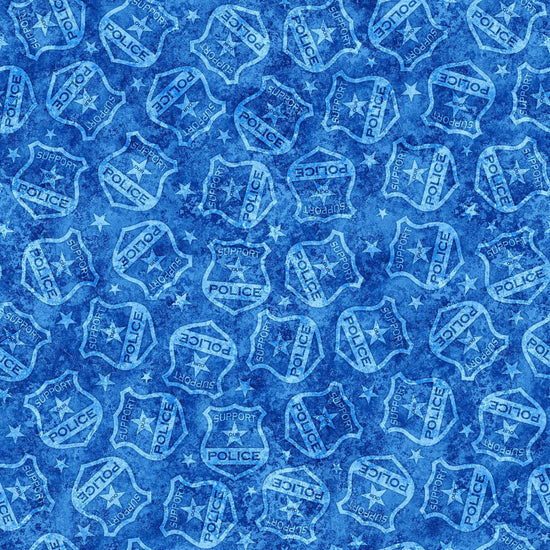 Image of the American Heroes Police Police Badges Blue quilting cotton fabric by QT Fabrics. Features police badges on a blue background.
Cute Little Fabric Shop