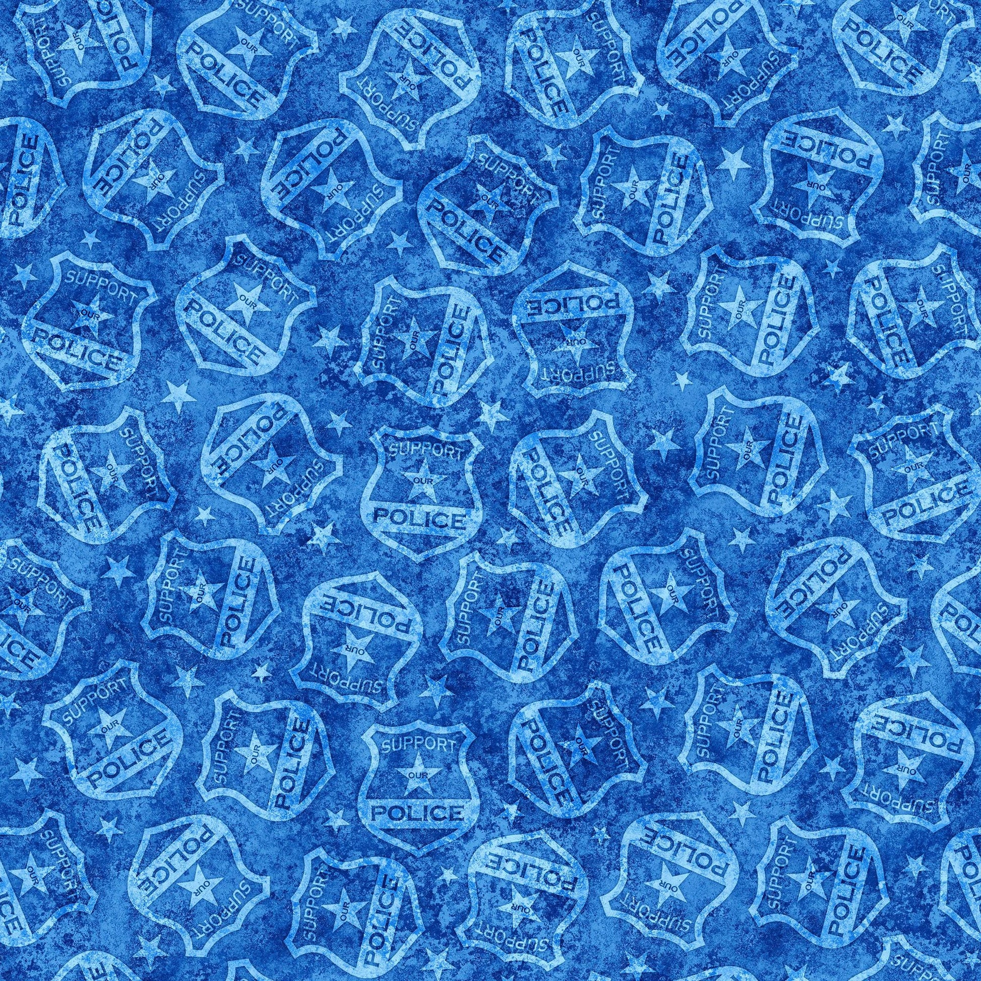 Image of the American Heroes Police Police Badges Blue quilting cotton fabric by QT Fabrics. Features police badges on a blue background.
Cute Little Fabric Shop