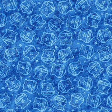 Image of the American Heroes Police Police Badges Blue quilting cotton fabric by QT Fabrics. Features police badges on a blue background.
Cute Little Fabric Shop