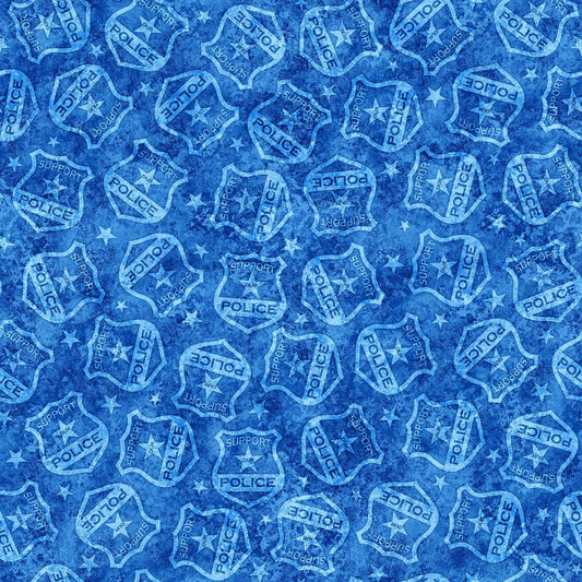 Image of the American Heroes Police Police Badges Blue quilting cotton fabric by QT Fabrics. Features police badges on a blue background.
Cute Little Fabric Shop