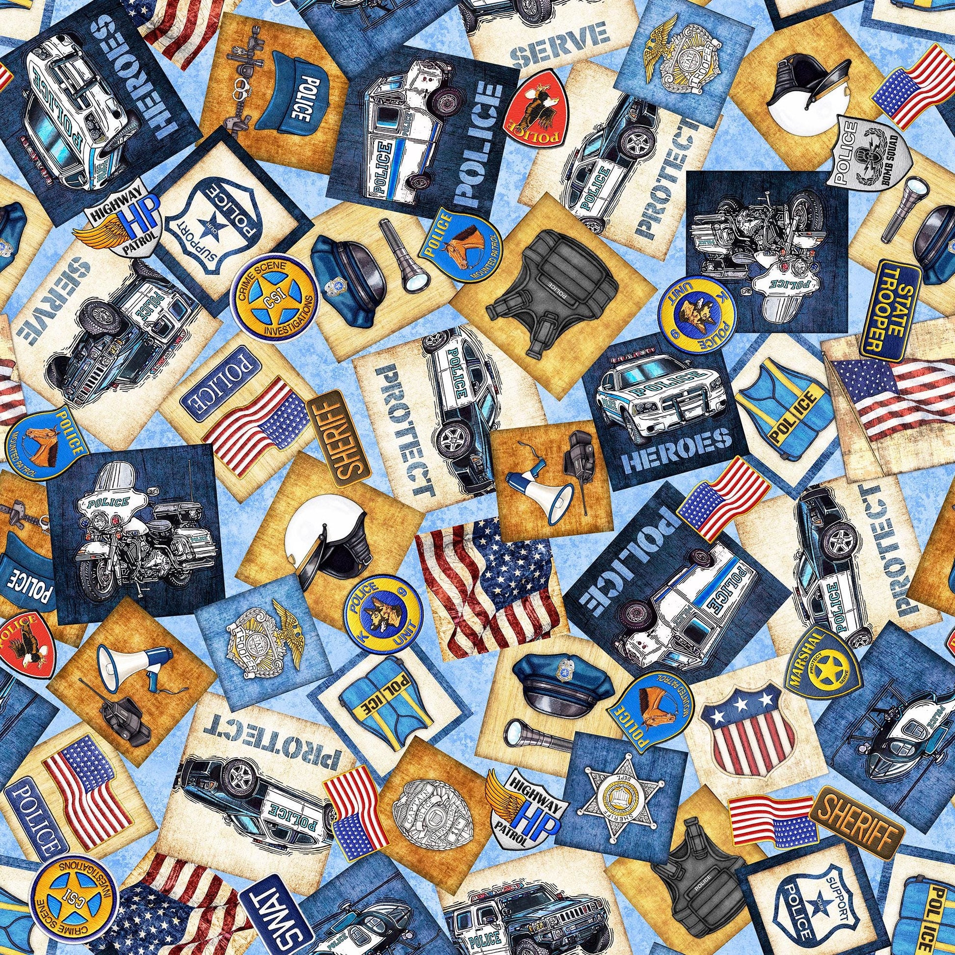 Image of the American Heroes Police Motifs Overlapping Patches quilting cotton fabric by QT Fabrics. Features overlapping patches on a blue background.
Cute Little Fabric Shop