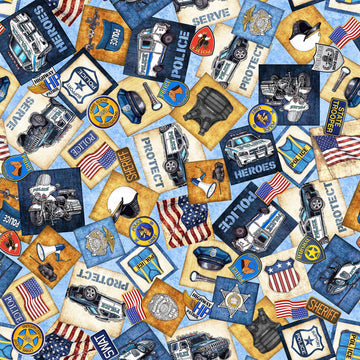 Image of the American Heroes Police Motifs Overlapping Patches quilting cotton fabric by QT Fabrics. Features overlapping patches on a blue background.
Cute Little Fabric Shop