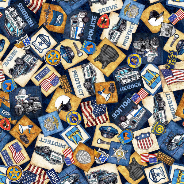 Image of the American Heroes Police Motifs Overlapping Patches Navy quilting cotton fabric by QT Fabrics. Features overlapping patches on a dark blue background.
Cute Little Fabric Shop