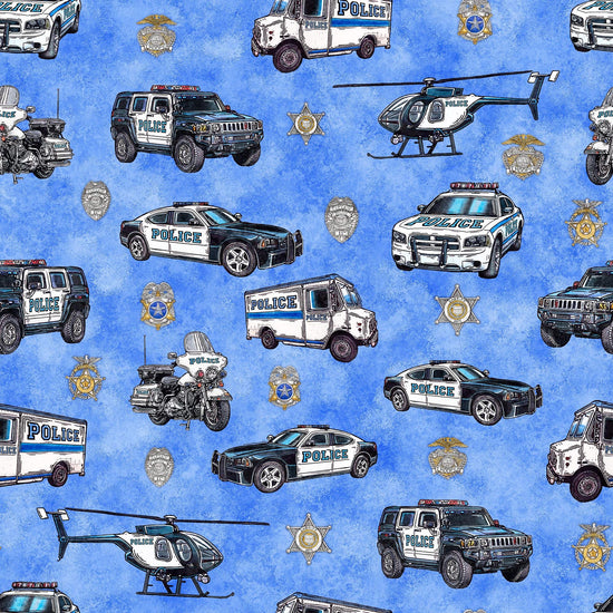 Image of the American Heroes Police Police Cars Blue quilting cotton fabric by QT Fabrics. Features police cars on a blue background.
Cute Little Fabric Shop