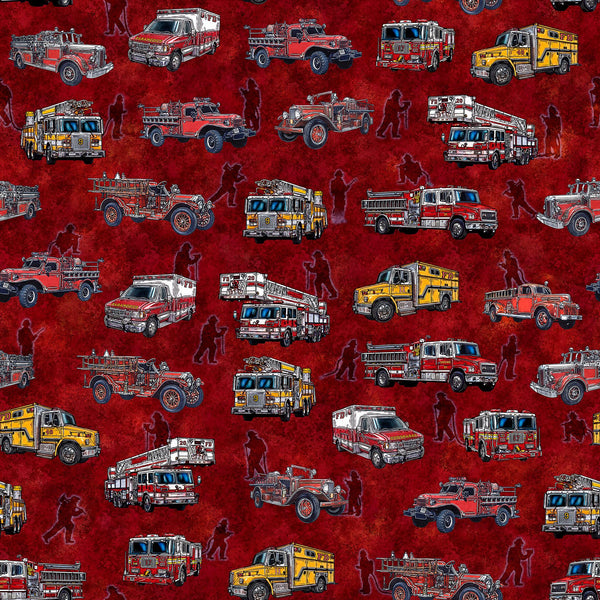 Image of the American Heroes Firefighter Fire Trucks Brick quilting cotton fabric by QT Fabrics. Features trucks and people on a red background.
Cute Little Fabric Shop