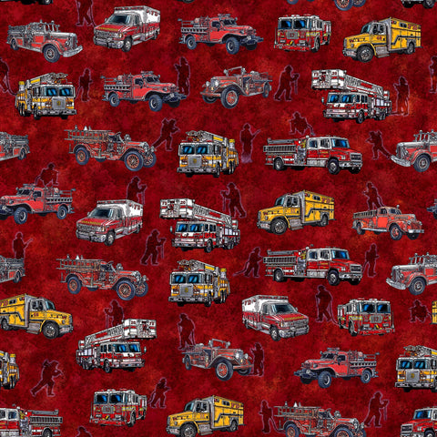 Image of the American Heroes Firefighter Fire Trucks Brick quilting cotton fabric by QT Fabrics. Features trucks and people on a red background.
Cute Little Fabric Shop