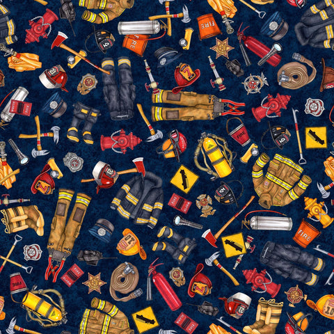 Image of the American Heroes Firefighter Everything Fire Fighter Navy N quilting cotton fabric by QT Fabrics. Features clothing, food, helmets, and other items on a navy blue background.
Cute Little Fabric Shop