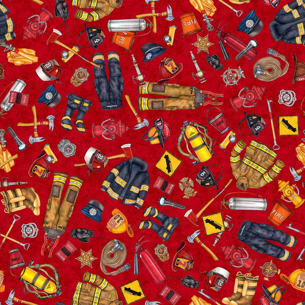 Image of the American Heroes Firefighter Everything Fire Fighter Red quilting cotton fabric by QT Fabrics. Features clothing, food, helmets, and other items on a red background.
Cute Little Fabric Shop