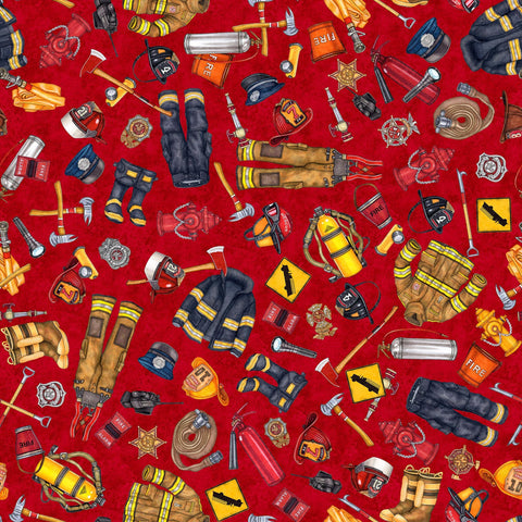 Image of the American Heroes Firefighter Everything Fire Fighter Red quilting cotton fabric by QT Fabrics. Features clothing, food, helmets, and other items on a red background.
Cute Little Fabric Shop