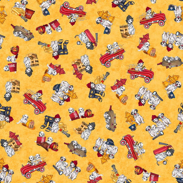 Image of the American Heroes Firefighter Dalmatians Gold quilting cotton fabric by QT Fabrics. Features trucks and dalmatians on a yellow gold background.
Cute Little Fabric Shop