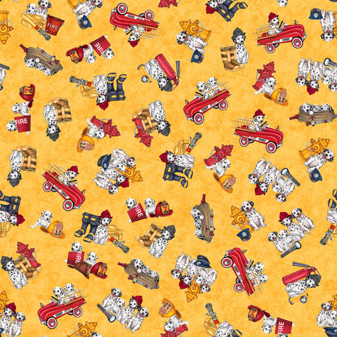 Image of the American Heroes Firefighter Dalmatians Gold quilting cotton fabric by QT Fabrics. Features trucks and dalmatians on a yellow gold background.
Cute Little Fabric Shop