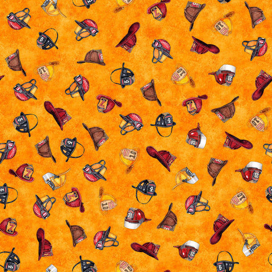 Image of the American Heroes Firefighter Firefighter Hat Orange  quilting cotton fabric by QT Fabrics. Features scattered hats on a bright orange background.
Cute Little Fabric Shop