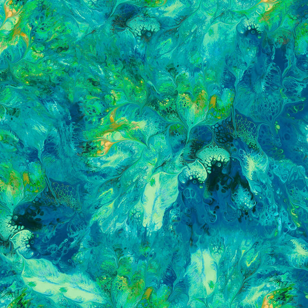 Image of the Mixology Stir Dark Turquoise quilting cotton fabric by Ocllo Mason For QT Fabrics. Features acrylic swirls on a blue background. 
Cute Little Fabric Shop