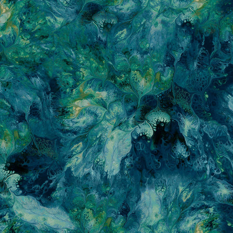 Image of the Mixology Stir Dark Teal quilting cotton fabric by Ocllo Mason For QT Fabrics. Features acrylic swirls on a blue background. 
Cute Little Fabric Shop
