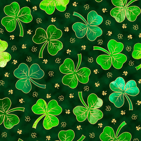 Image of the St. Paddys Cheer Clovers Forest quilting cotton fabric by QT Fabrics. Features green four leaf clovers on a green background. 
Cute Little Fabric Shop.