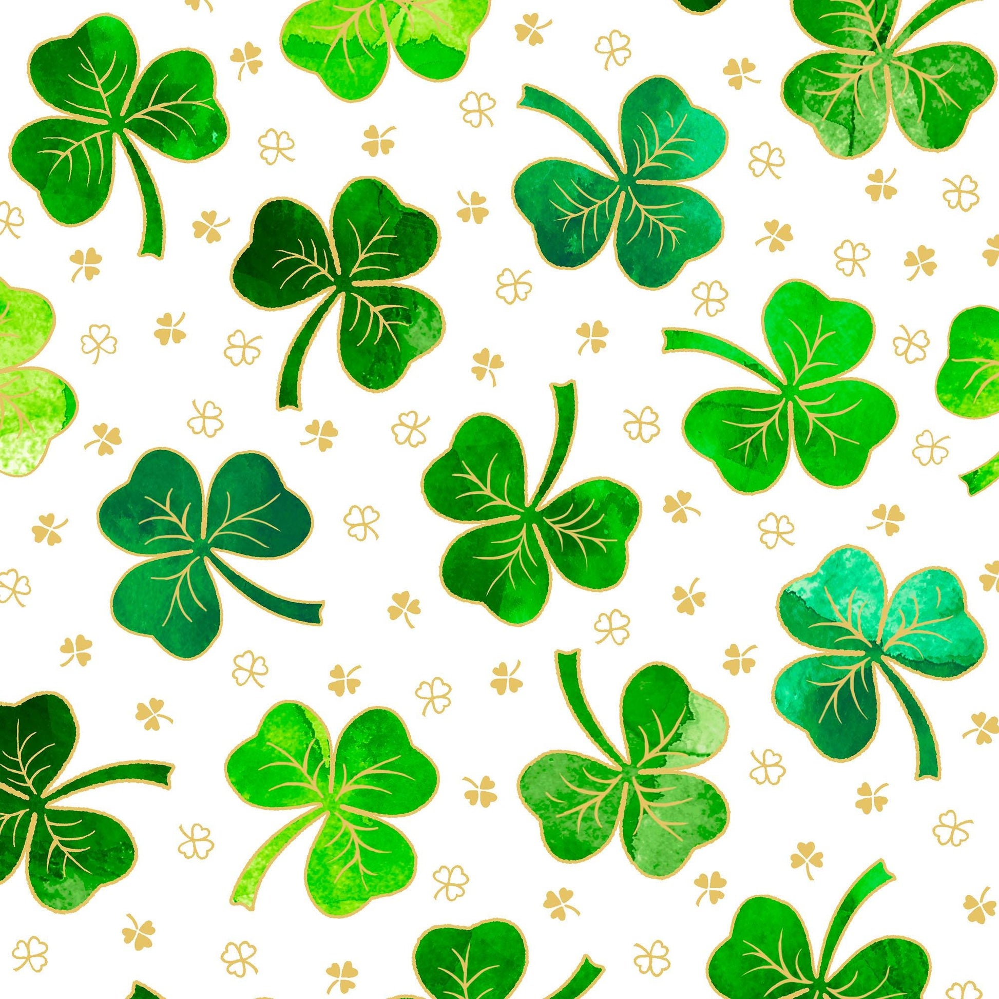 Image of the St. Paddys Cheer Clovers White quilting cotton fabric by QT Fabrics. Features green four leaf clovers on a white background. 
Cute Little Fabric Shop.