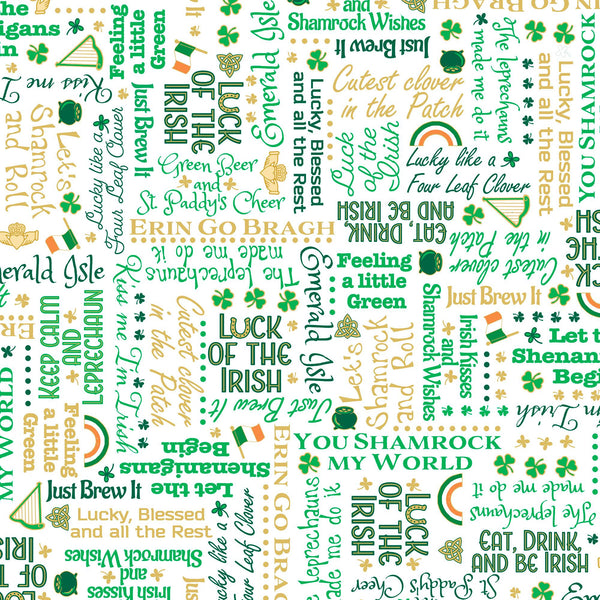Image of the St. Paddys Cheer Irish Lingo White quilting cotton fabric by QT Fabrics. Features green text on a white background. 
Cute Little Fabric Shop.