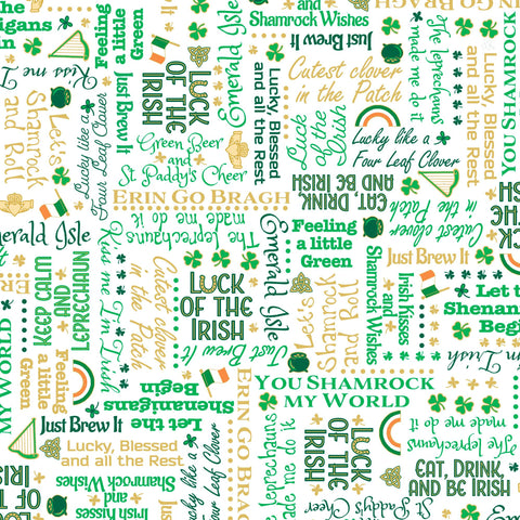 Image of the St. Paddys Cheer Irish Lingo White quilting cotton fabric by QT Fabrics. Features green text on a white background. 
Cute Little Fabric Shop.