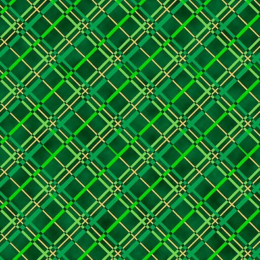 Image of the St. Paddys Cheer Biased Plaid Green quilting cotton fabric by QT Fabrics. Features green diagonal stripes on a green background. 
Cute Little Fabric Shop.