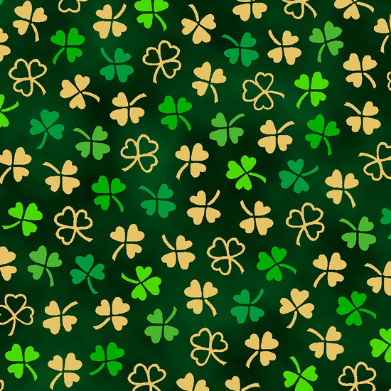 Image of the St. Paddys Cheer Mini Clovers Forest quilting cotton fabric by QT Fabrics. Features green clovers on a green background. 
Cute Little Fabric Shop.