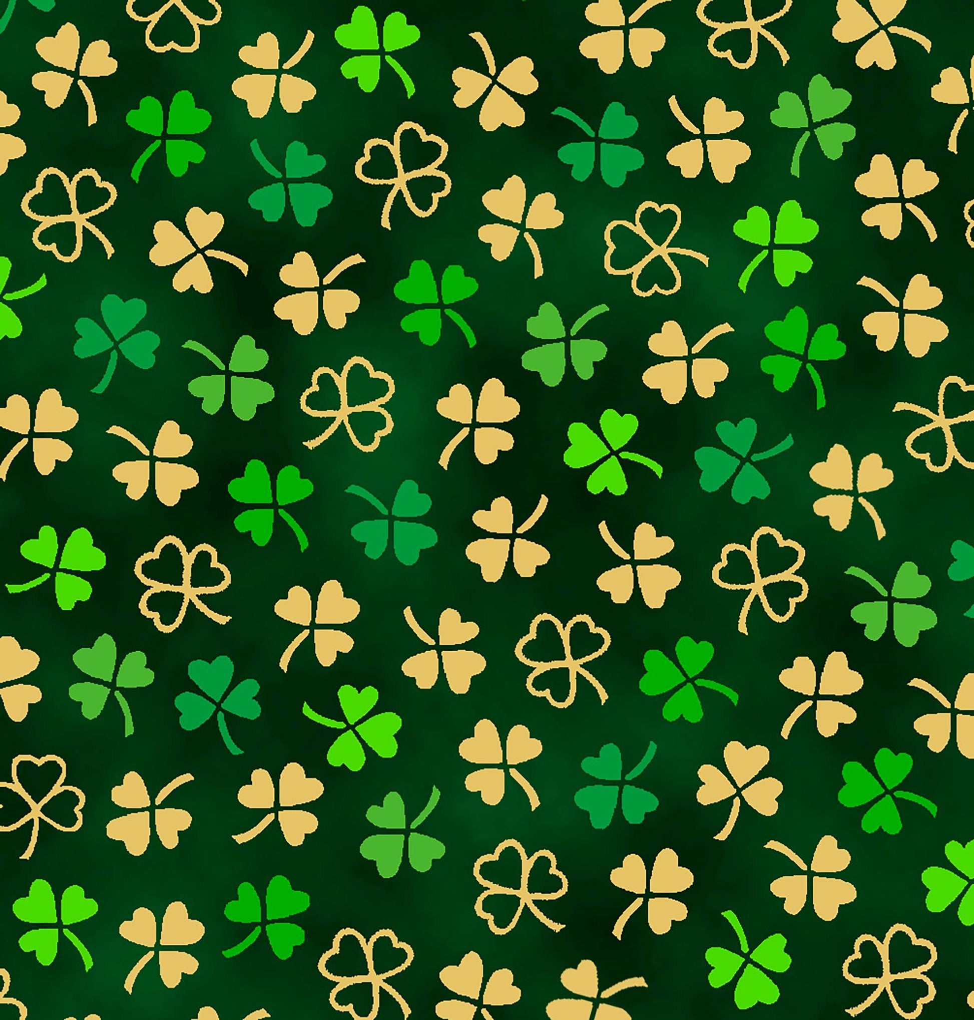Image of the St. Paddys Cheer Mini Clovers Forest quilting cotton fabric by QT Fabrics. Features green clovers on a green background. 
Cute Little Fabric Shop.