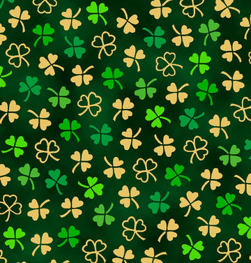 Image of the St. Paddys Cheer Mini Clovers Forest quilting cotton fabric by QT Fabrics. Features green clovers on a green background. 
Cute Little Fabric Shop.
