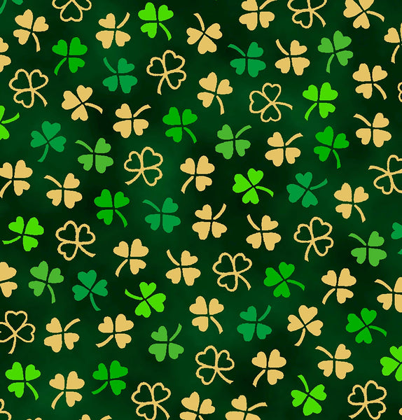 Image of the St. Paddys Cheer Mini Clovers Forest quilting cotton fabric by QT Fabrics. Features green clovers on a green background. 
Cute Little Fabric Shop.