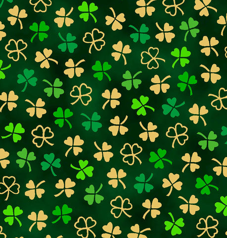 Image of the St. Paddys Cheer Mini Clovers Forest quilting cotton fabric by QT Fabrics. Features green clovers on a green background. 
Cute Little Fabric Shop.