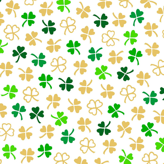 Image of the St. Paddys Cheer Mini Clovers White quilting cotton fabric by QT Fabrics. Features green clovers on a white background. 
Cute Little Fabric Shop.