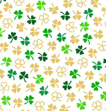 Image of the St. Paddys Cheer Mini Clovers White quilting cotton fabric by QT Fabrics. Features green clovers on a white background. 
Cute Little Fabric Shop.